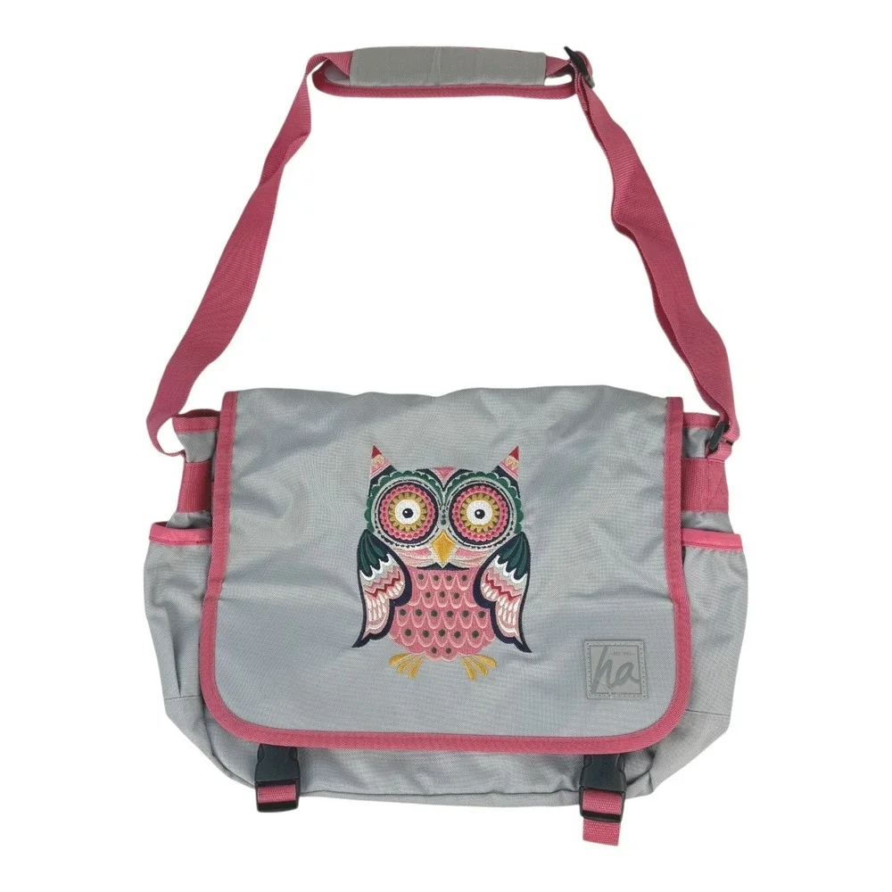 Hanna‎ Andersson Kids Owl Messenger Backpack Book Bag Gray Pink Adj Strap School